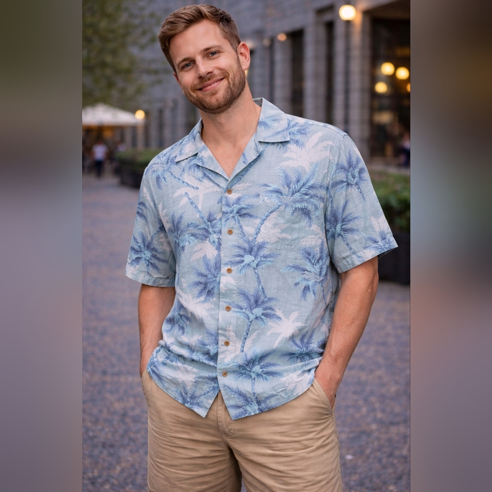 Men’s Sideout Blue Palm Tree Hawaiian Shirt L Resort Wear Rayon Cotton